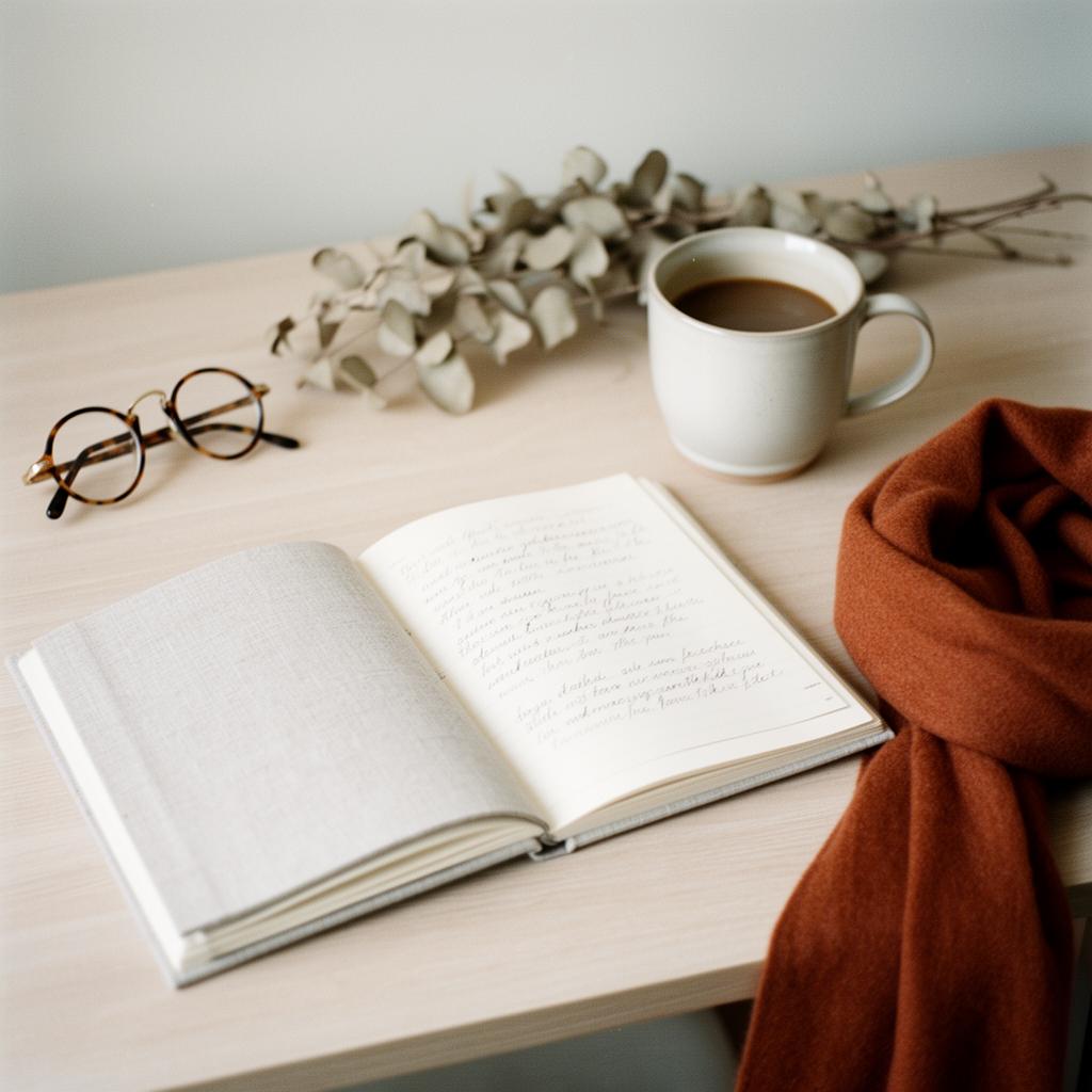 Editorial still life — open notebook on a sunlit desk